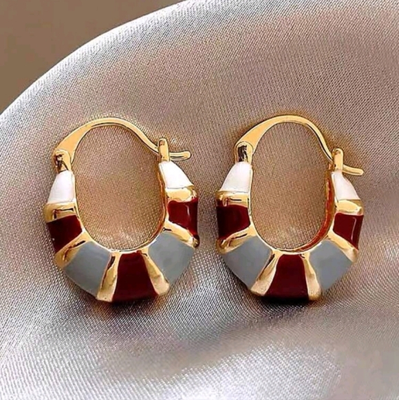 New Gold Tone, Red, and Gray Hoop Earrings - Picture 1 of 6
